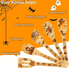 Halloween 6 Piece Wooden Cooking Utensil Set with Holder