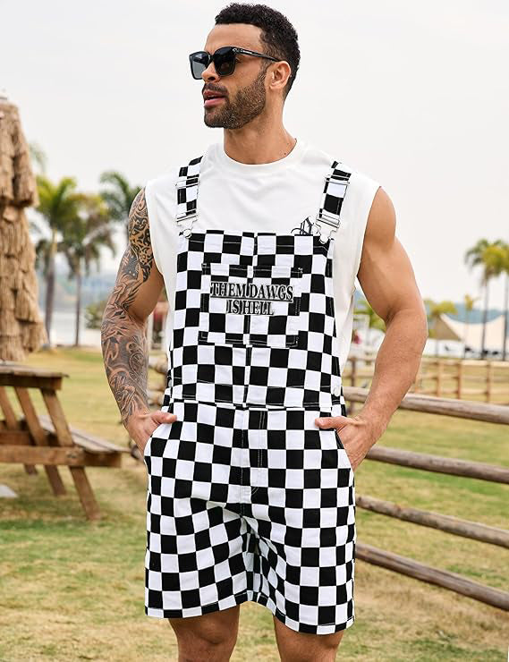 Men's Them Dawgs is Hell Checkered Bib Overall Shorts