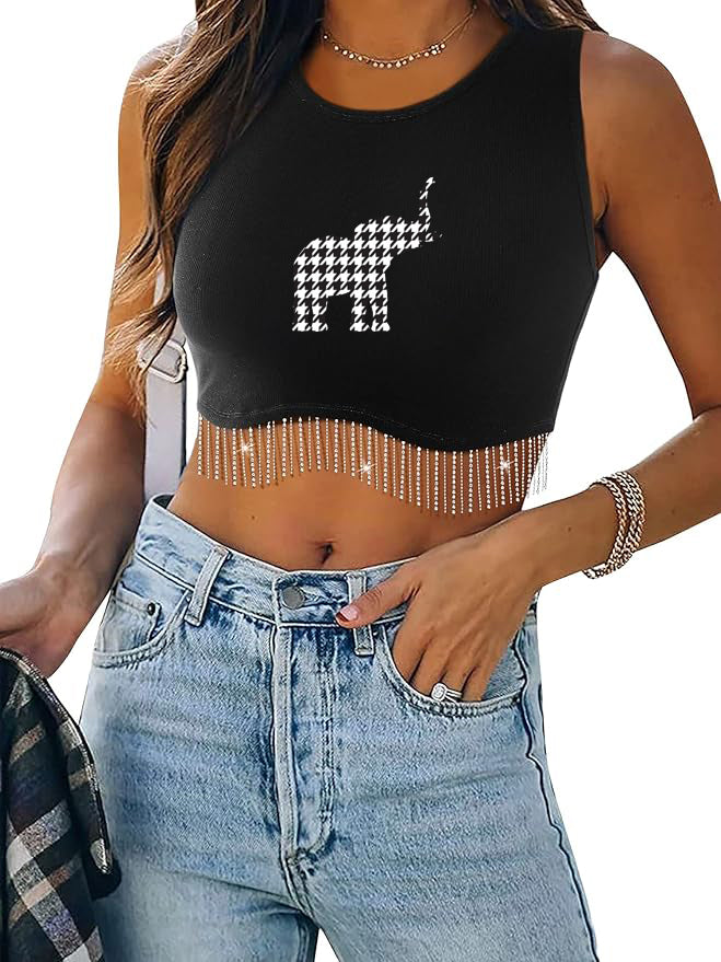 Alabama Houndstooth Elephant Rhinestone Fringe Glitter Tank