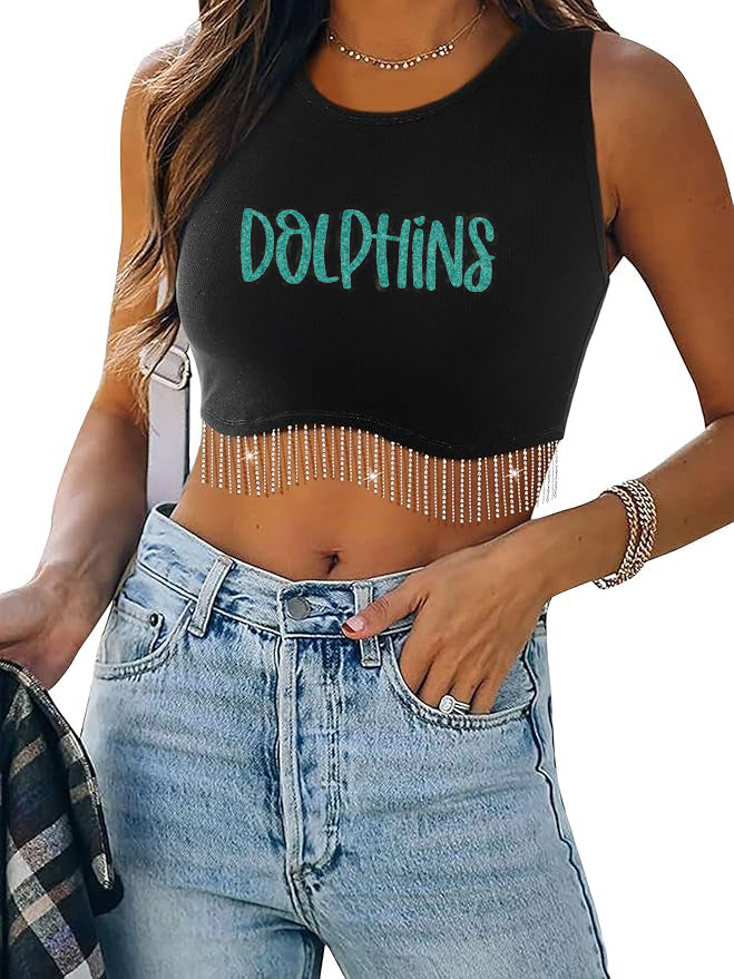Dolphins Rhinestone Fringe Glitter Tank