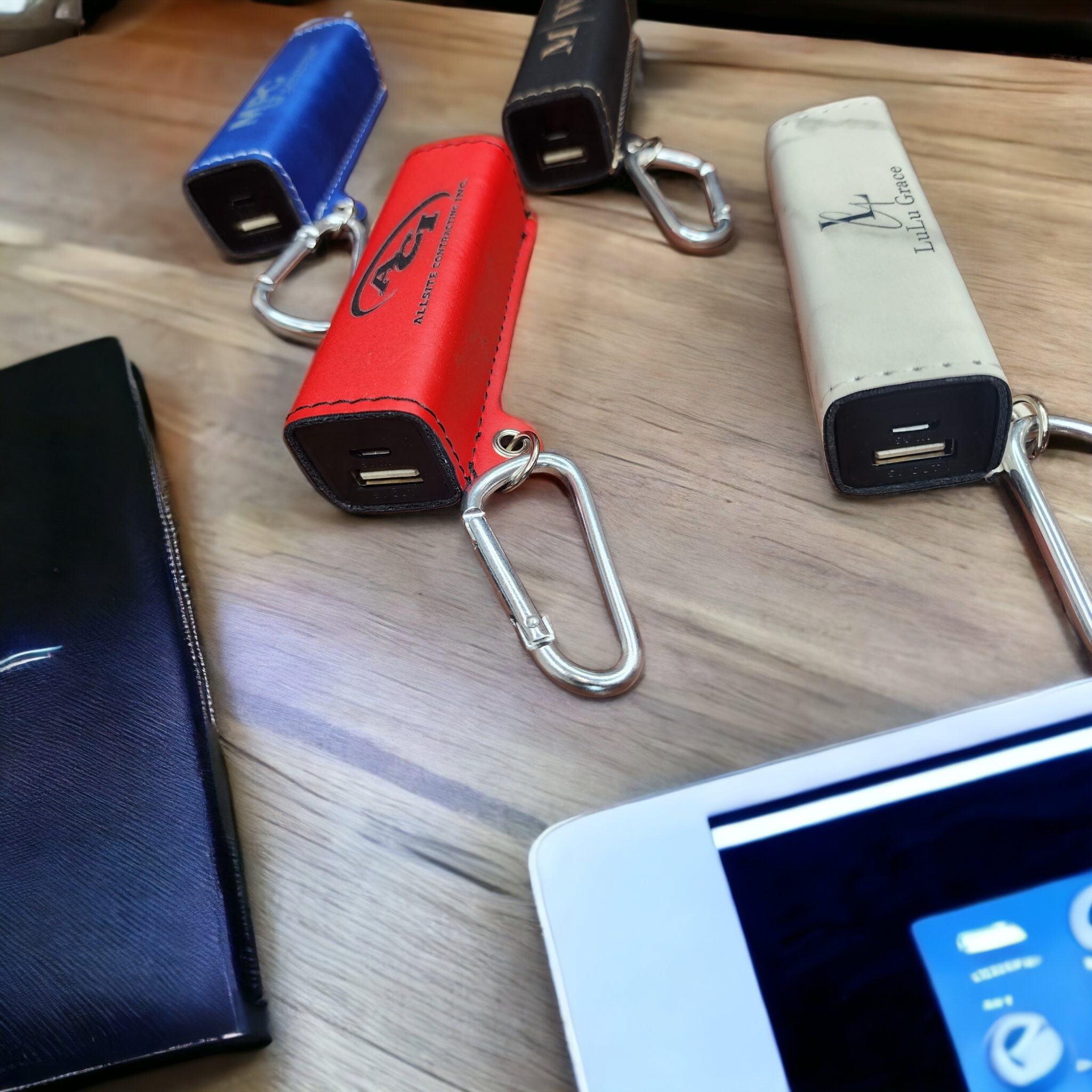 Custom Laser Engraved Leatherette 2200 mAh Power Bank with USB Cord and Carabiner