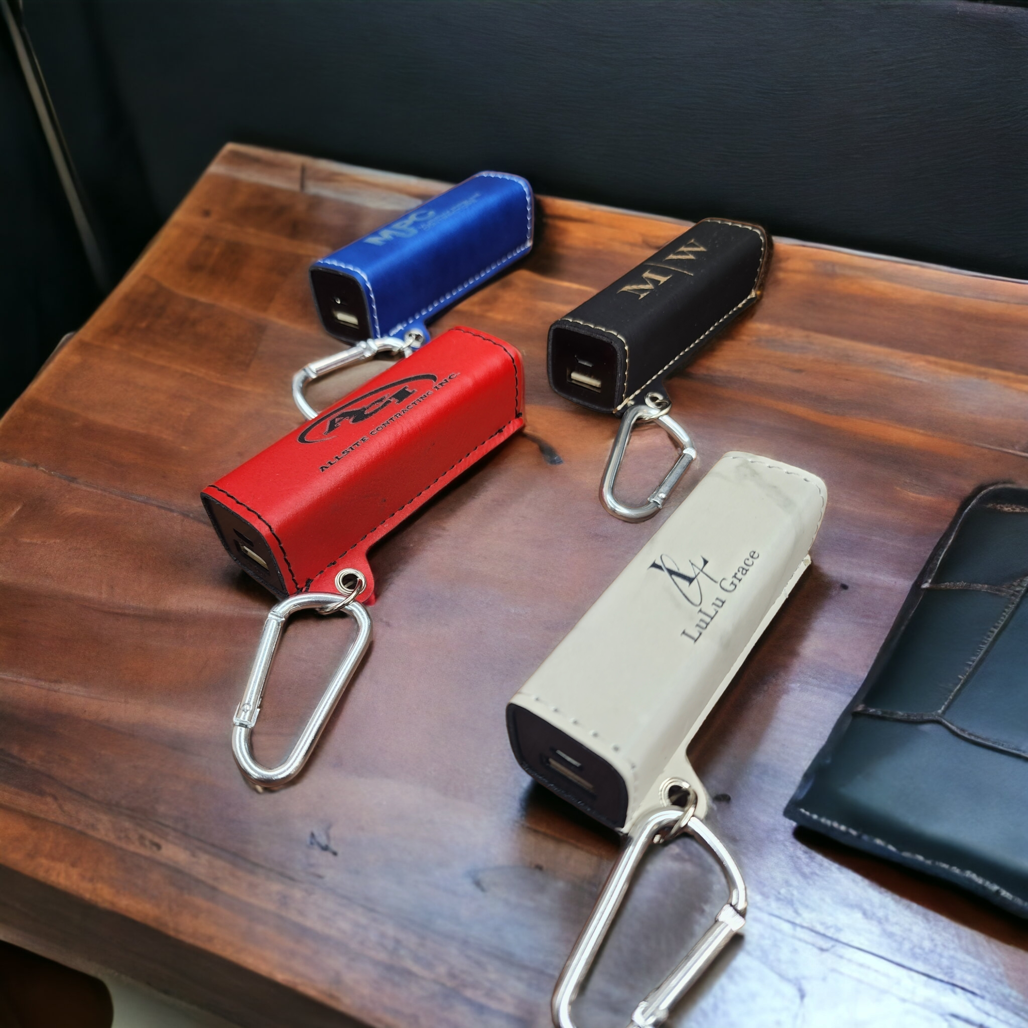 Custom Laser Engraved Leatherette 2200 mAh Power Bank with USB Cord and Carabiner