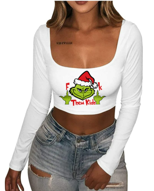 Fuck Them Kids Grinch Funny Christmas Long Sleeve Crop Top