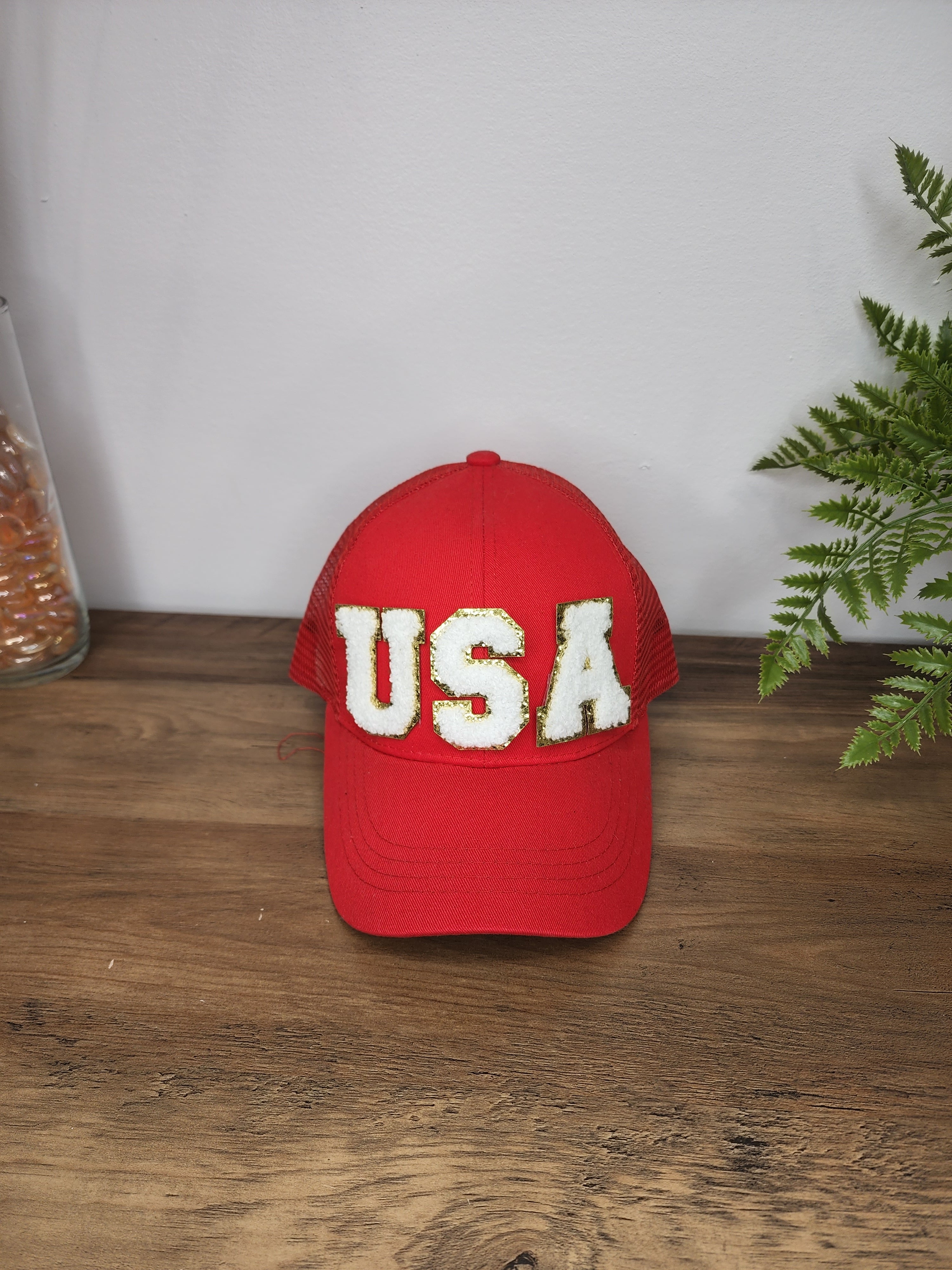 USA Customizable Chenille Letter Patch High Ponytail Cap