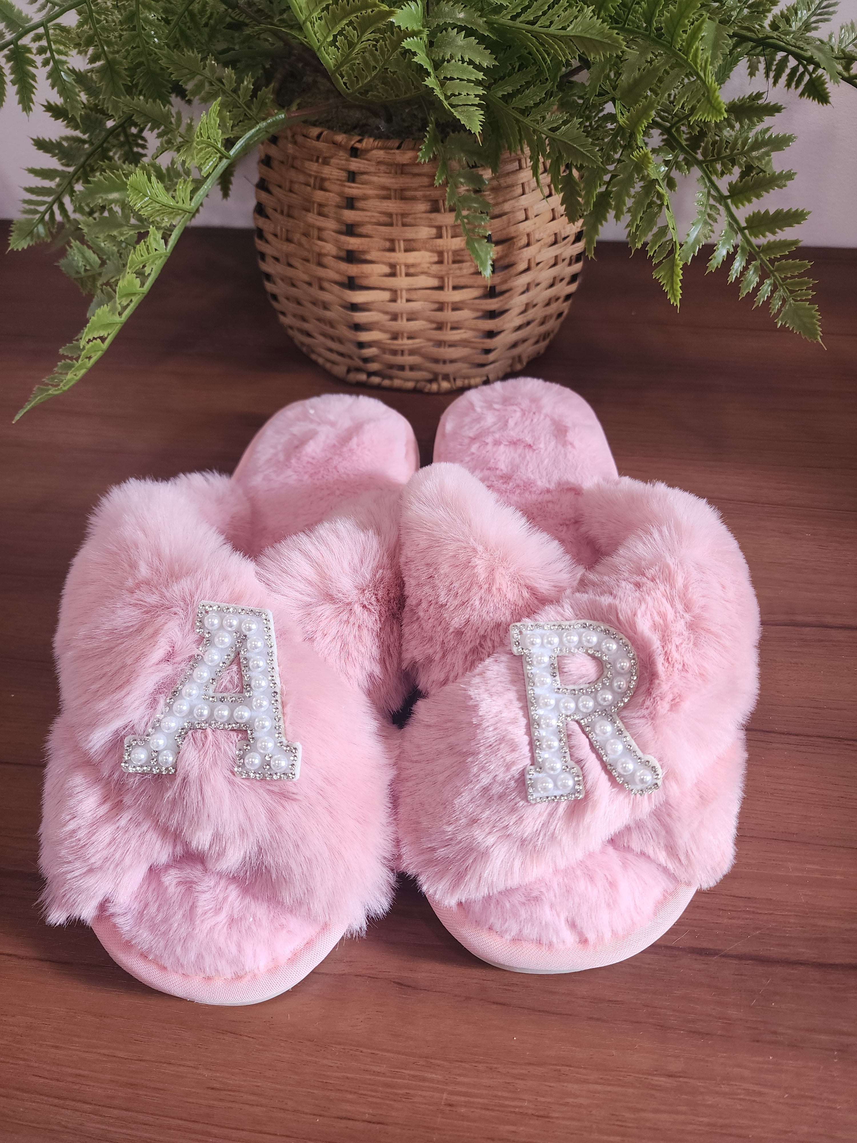 Women's Fuzzy Memory Foam Letter Patch Slippers: Personalized Women’s Slippers 5-6 / Gray / Rhinestone and Pearl
