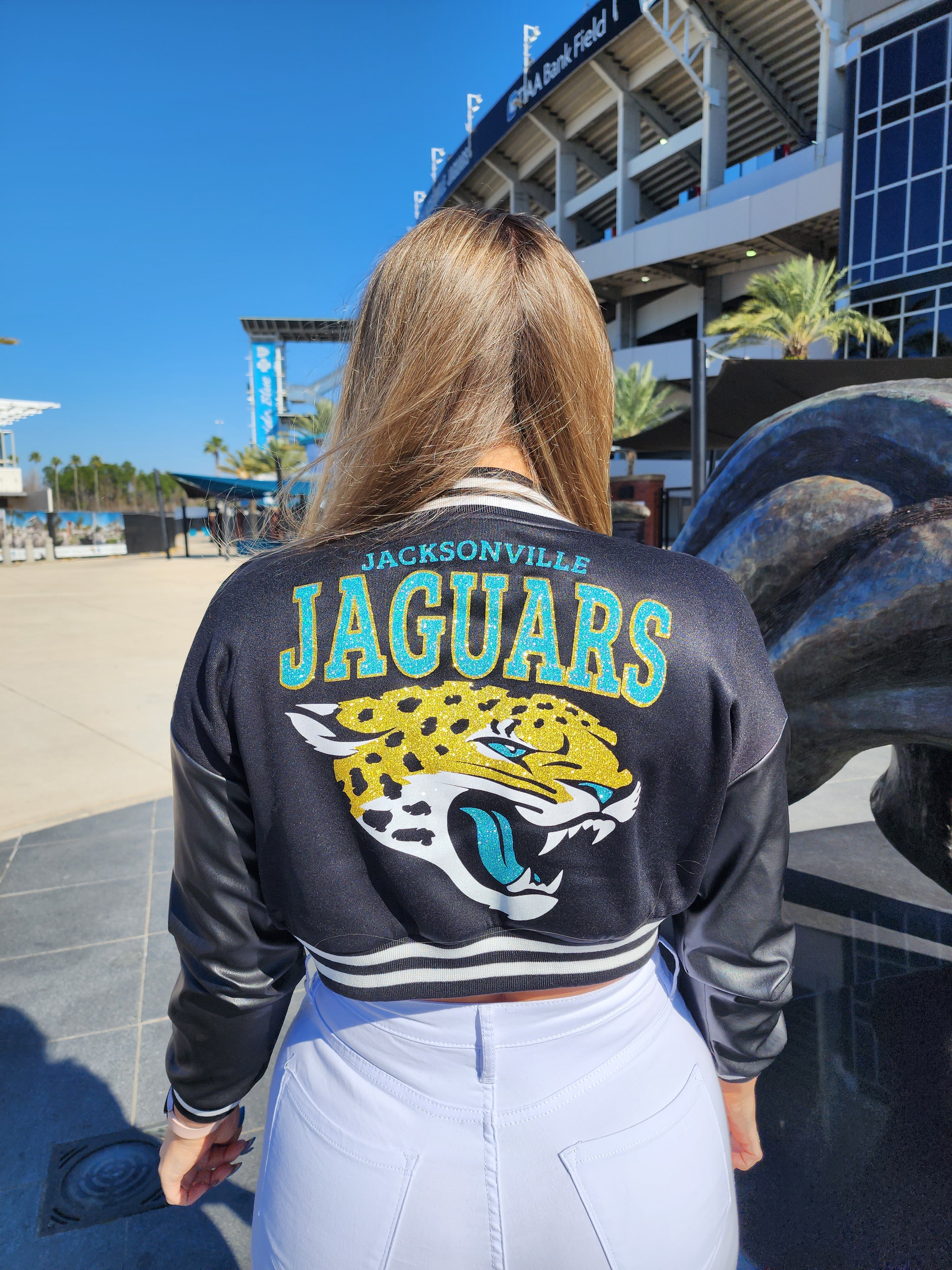 Jaguars Glitter Cropped Letterman Jacket