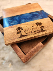 Life's a Beach Enjoy the Waves Ocean Blue Pearl Epoxy Coasters with Holder