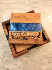 Family Name Ocean Blue Pearl Epoxy Coasters with Holder