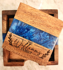 Family Name Ocean Blue Pearl Epoxy Coasters with Holder