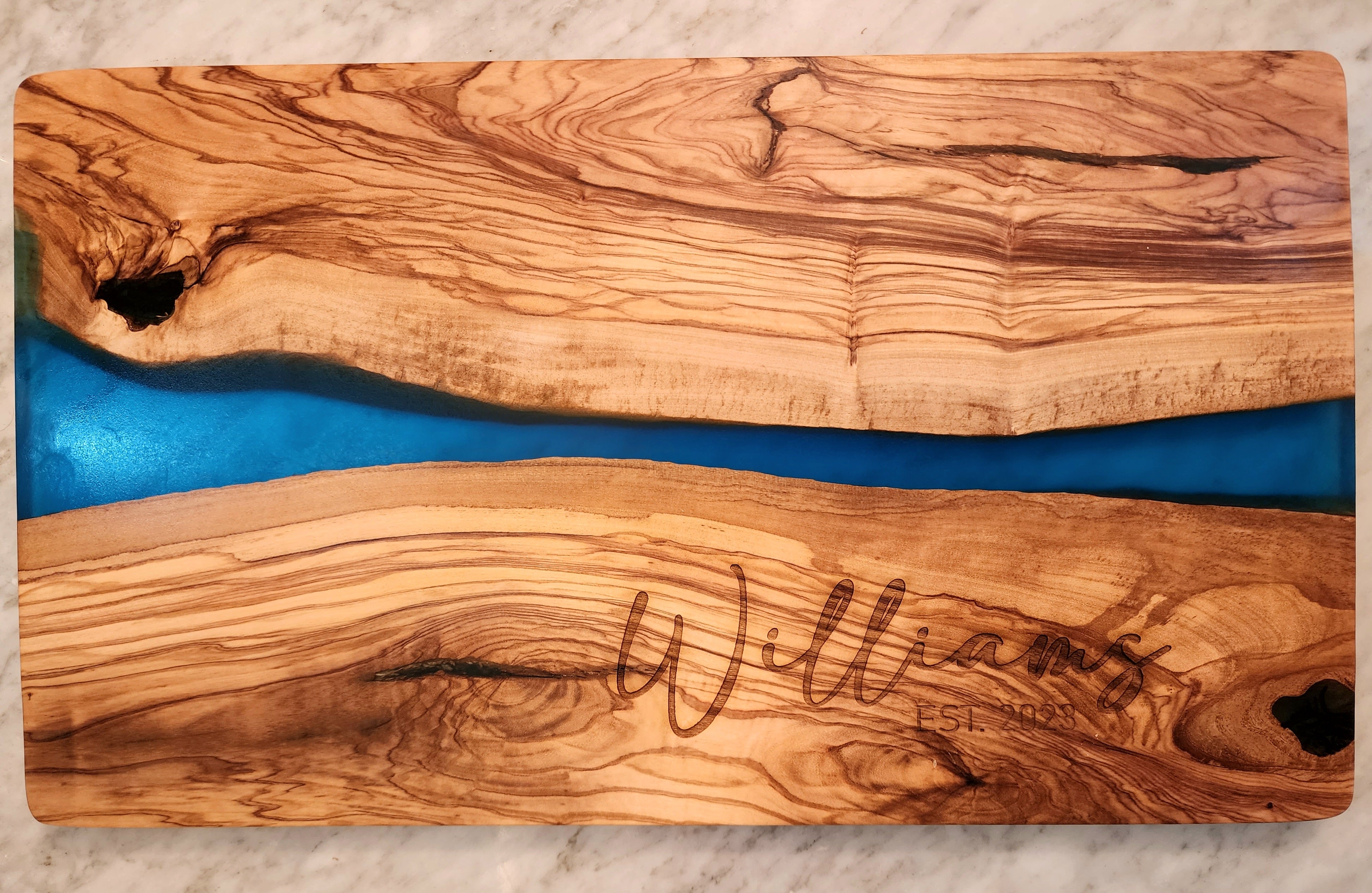 Customized Name and Date Olive Wood and Blue Resin Serving/Charcuterie Board