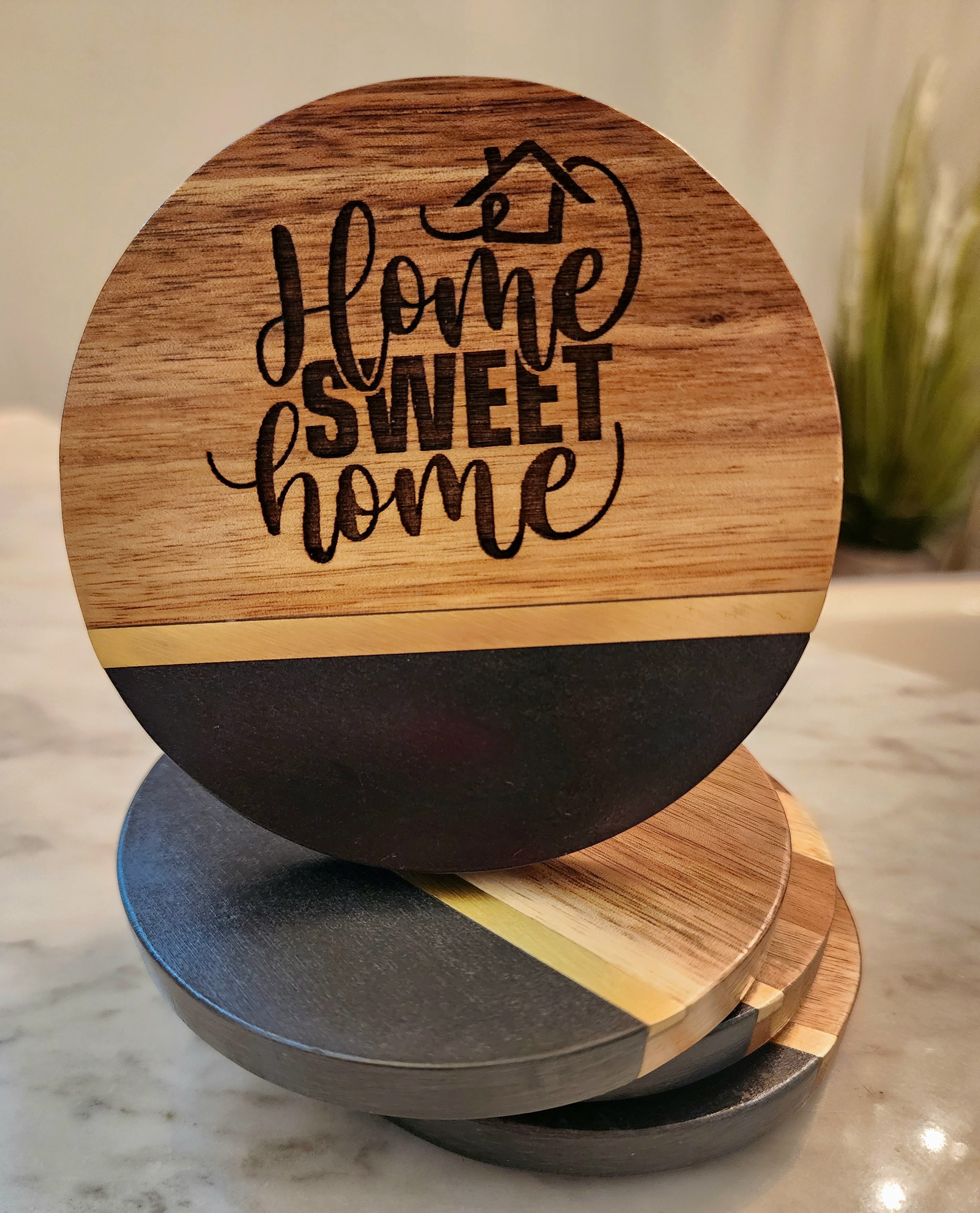 Home Sweet Home Black Slate & Acacia Wood Coasters with Brass Inlay