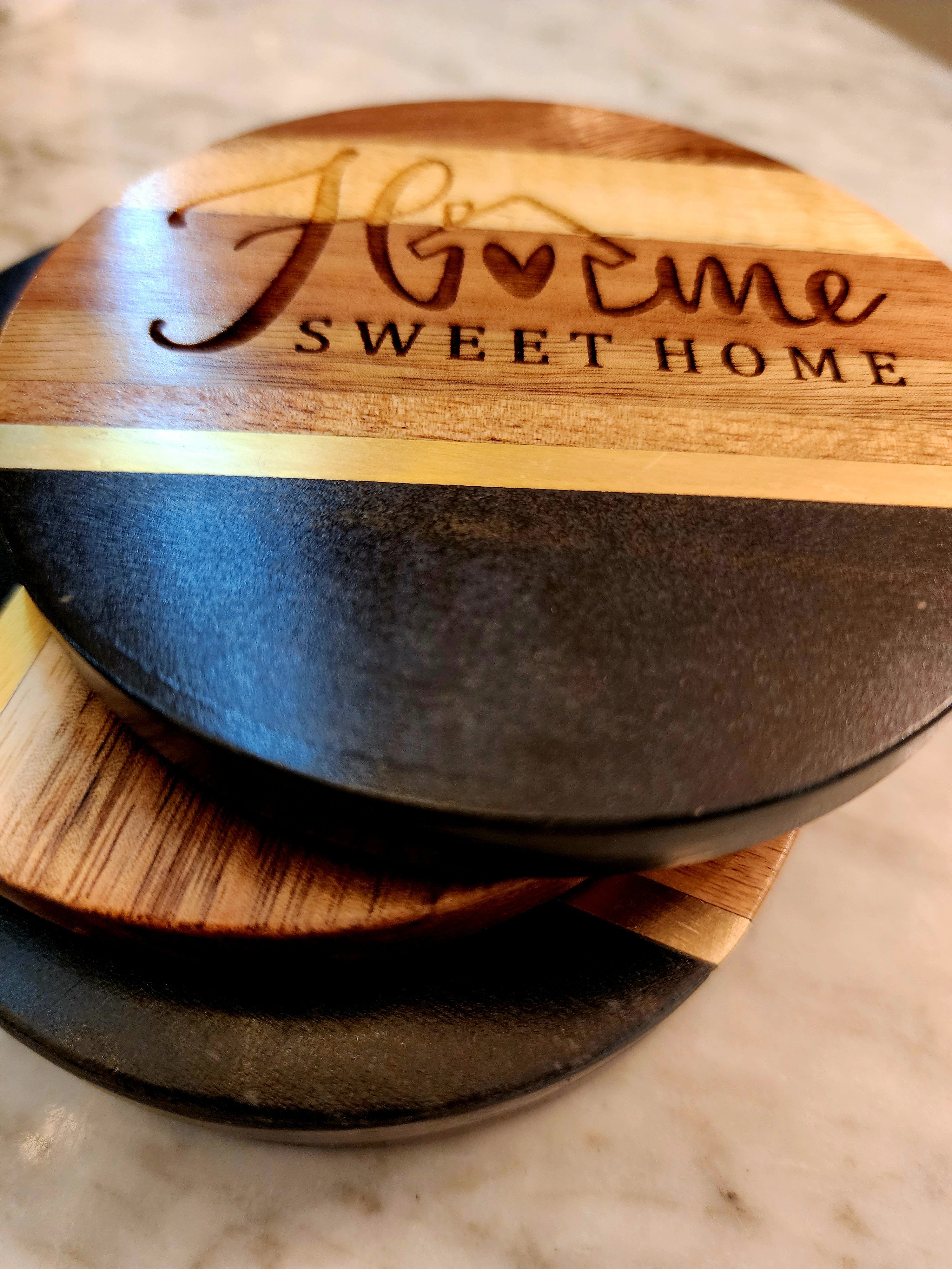 Home Sweet Home Black Slate Brass Inlay Acacia Wood Coasters