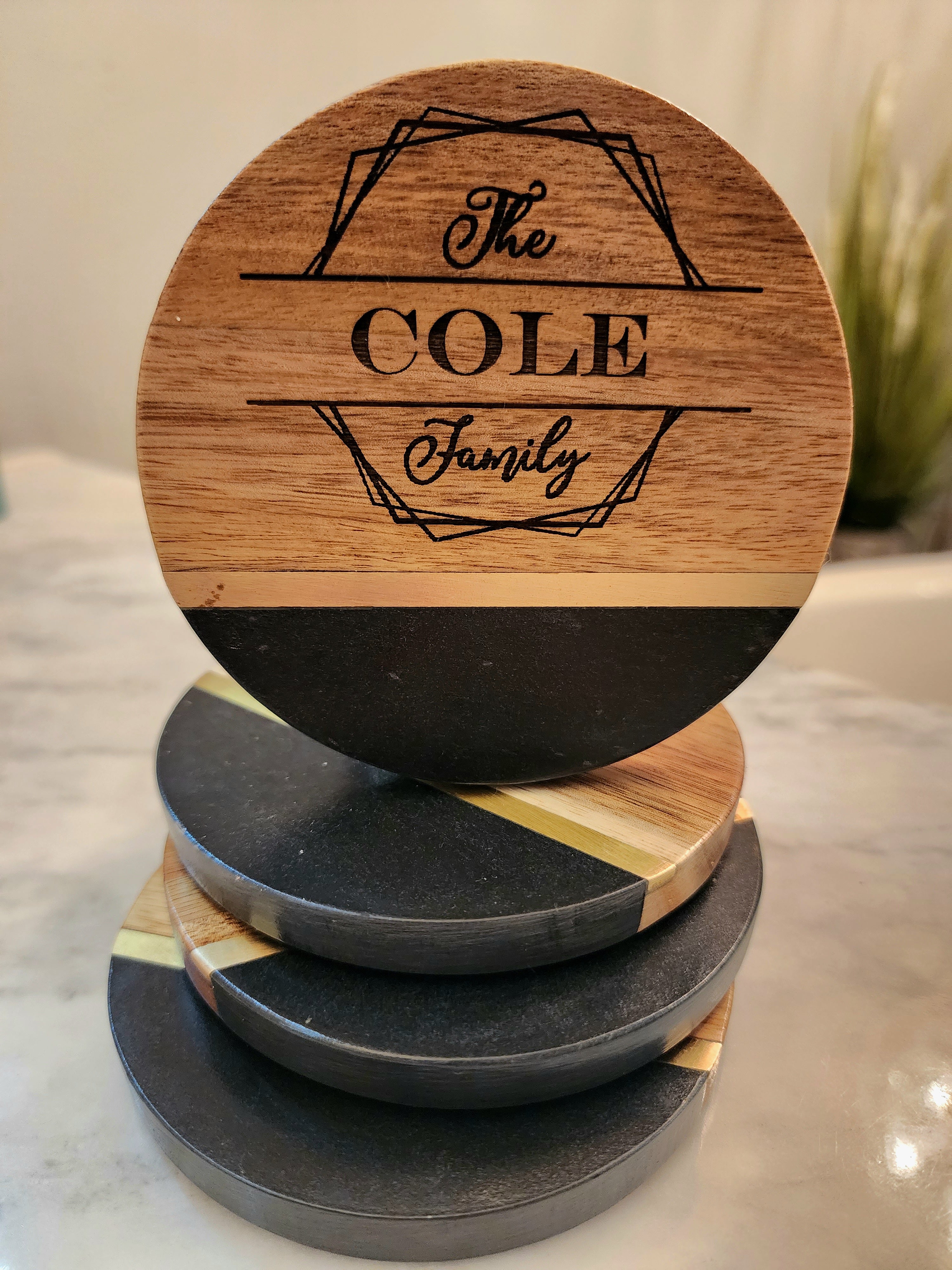 Customized Family Name Black Slate & Acacia Wood Coasters with Brass Inlay