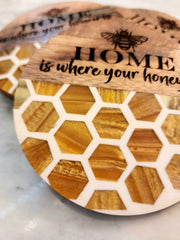 "Home Is Where Your Honey Is" Resin and Wood Coasters Set