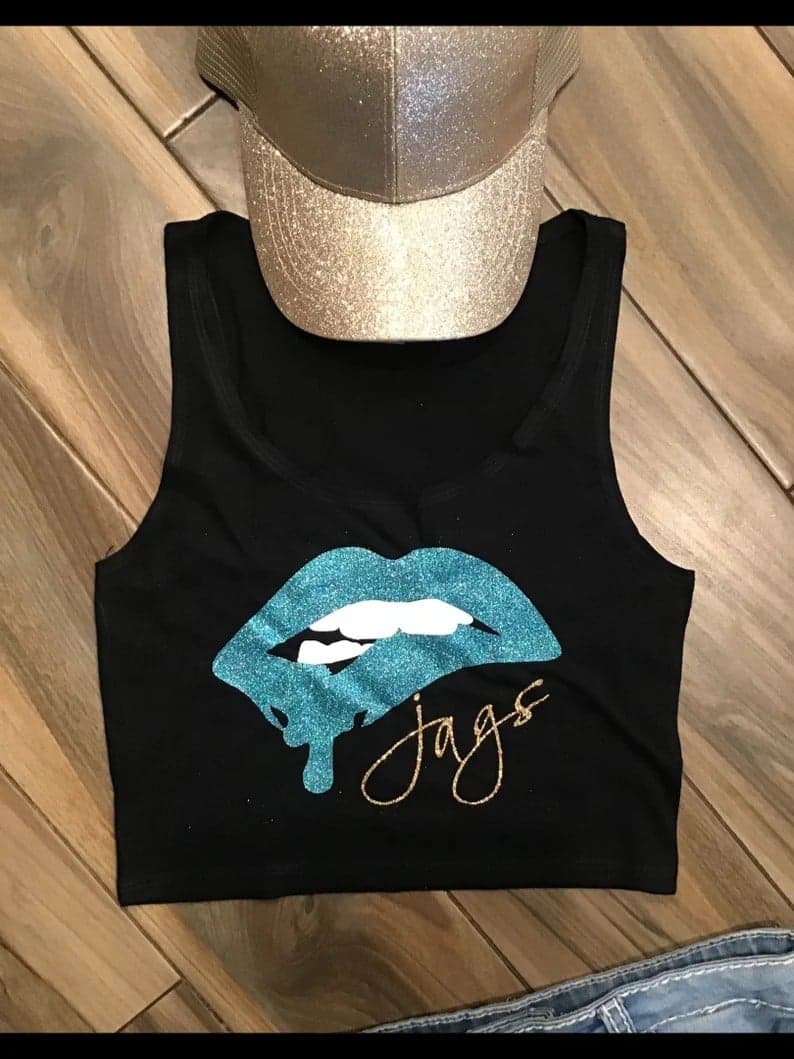 Lulu Grace Designs Jacksonville Jaguars Dripping Lips Shirt: NFL Football Fan Gear & Apparel Medium / Ladies Racerback Tank / White