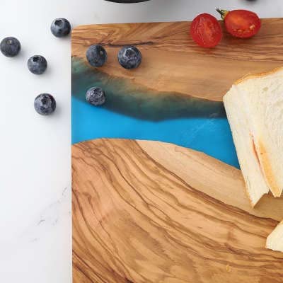 Customized Name and Date Olive Wood and Blue Resin Serving/Charcuterie Board