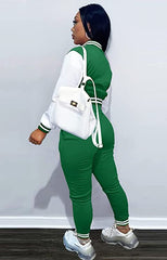 Embroidered Cropped Letterman Jacket and Joggers Sweatsuit Set