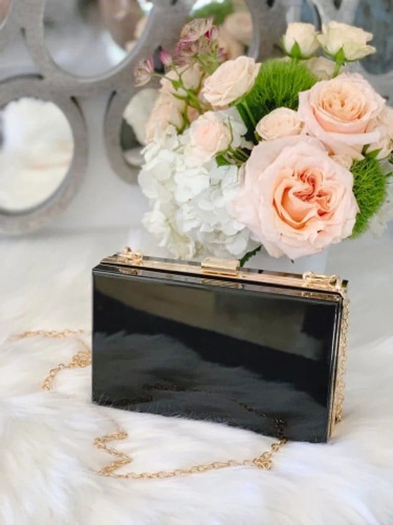Acrylic clutch bag shoulder bag with removable chain Black