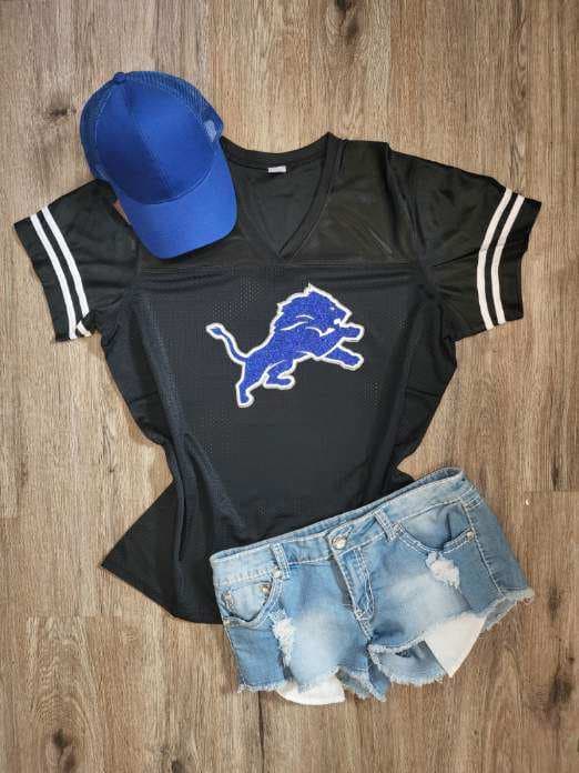 Lulu Grace Designs Detroit Lions Glitter Top - Black: NFL Football Fan Gear & Apparel Youth T-Shirt / X-Large