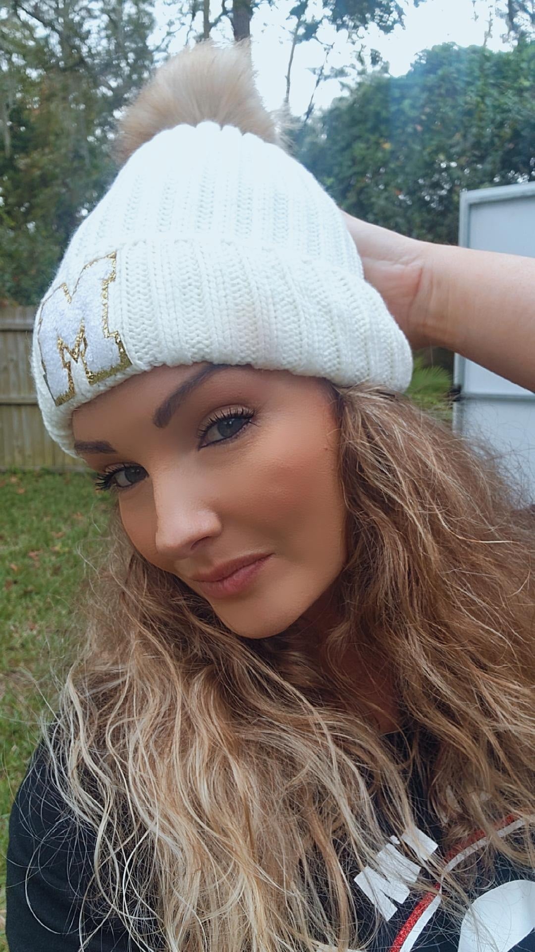 Chenille Letter Patch Beanie with Removable Faux Fur Pom