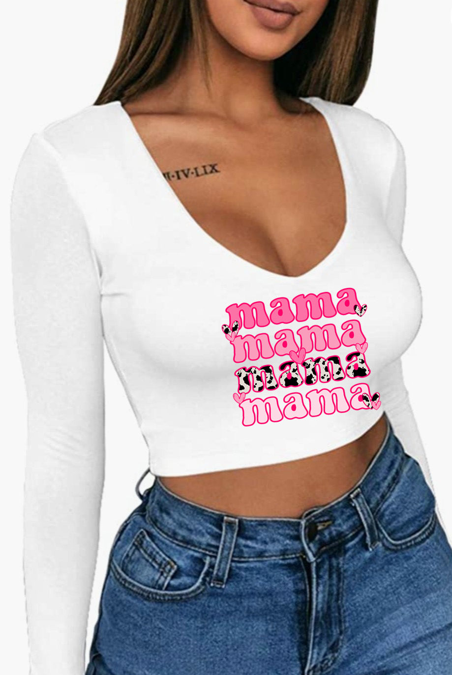 Mama Cow Print Long Sleeve Cropped Shirt