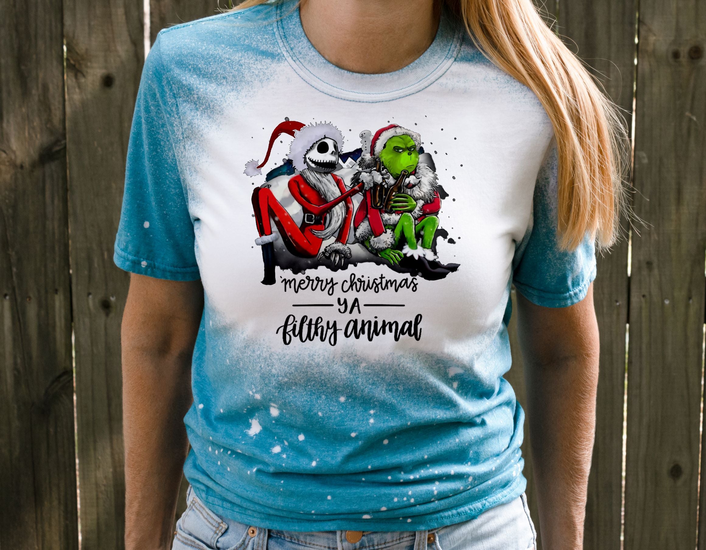 Merry Christmas Ya Filthy Animal Grinch and Jack Bleached Shirt: Funny Christmas Apparel for Women with Jack Skellington & The Grinch Large / Heather