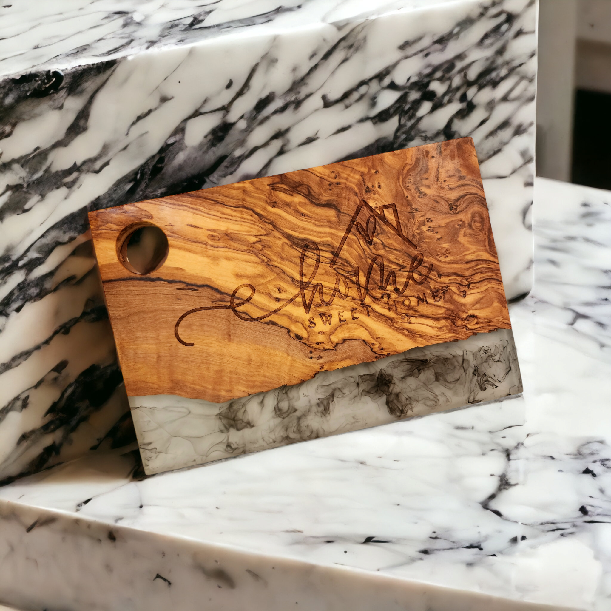 Home Sweet Home Olive Wood and White Resin Serving/Charcuterie Board