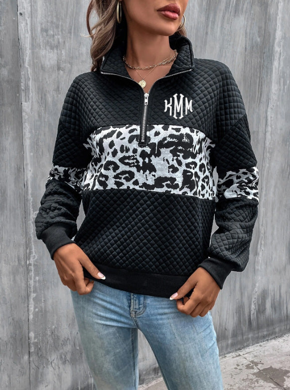 Monogrammed Leopard Print Half Zip Quilted Sweatshirt