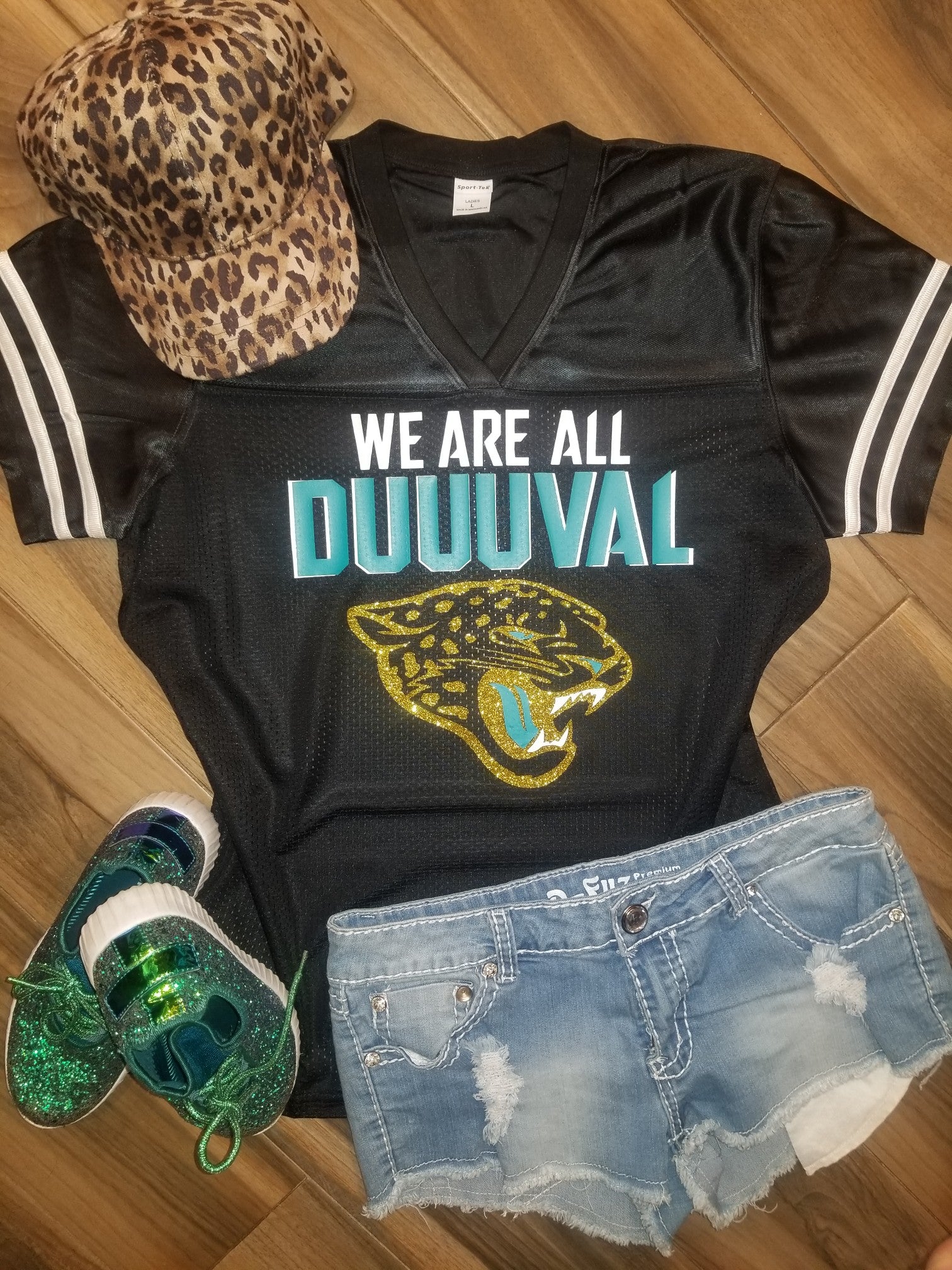 Lulu Grace Designs Jacksonville Jaguars We Are All Duval Glitter Shirt: NFL Football Fan Gear & Apparel L / Ladies V-Neck Tee