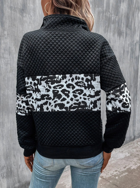 Monogrammed Leopard Print Half Zip Quilted Sweatshirt