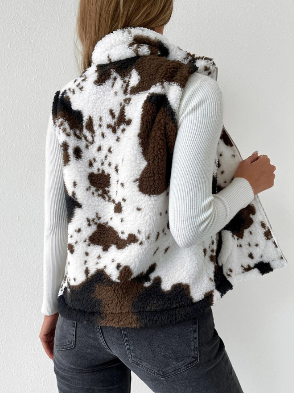 Lulu Grace Designs Monogrammed Cow Print Teddy Vest Jacket: Custom Embroidered Sweatshirts and Winter Fashion Medium / Brown (Main Photo)
