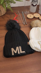 Shadow Block Monogrammed Beanie with Removable Faux Fur Pom