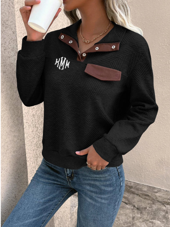 Black Monogrammed Chest Quarter Button Flap Detail Sweatshirt