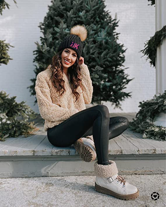 Shadow Block Monogrammed Beanie with Removable Faux Fur Pom