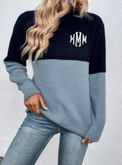 Monogrammed Two Tone Mock Neck Sweater