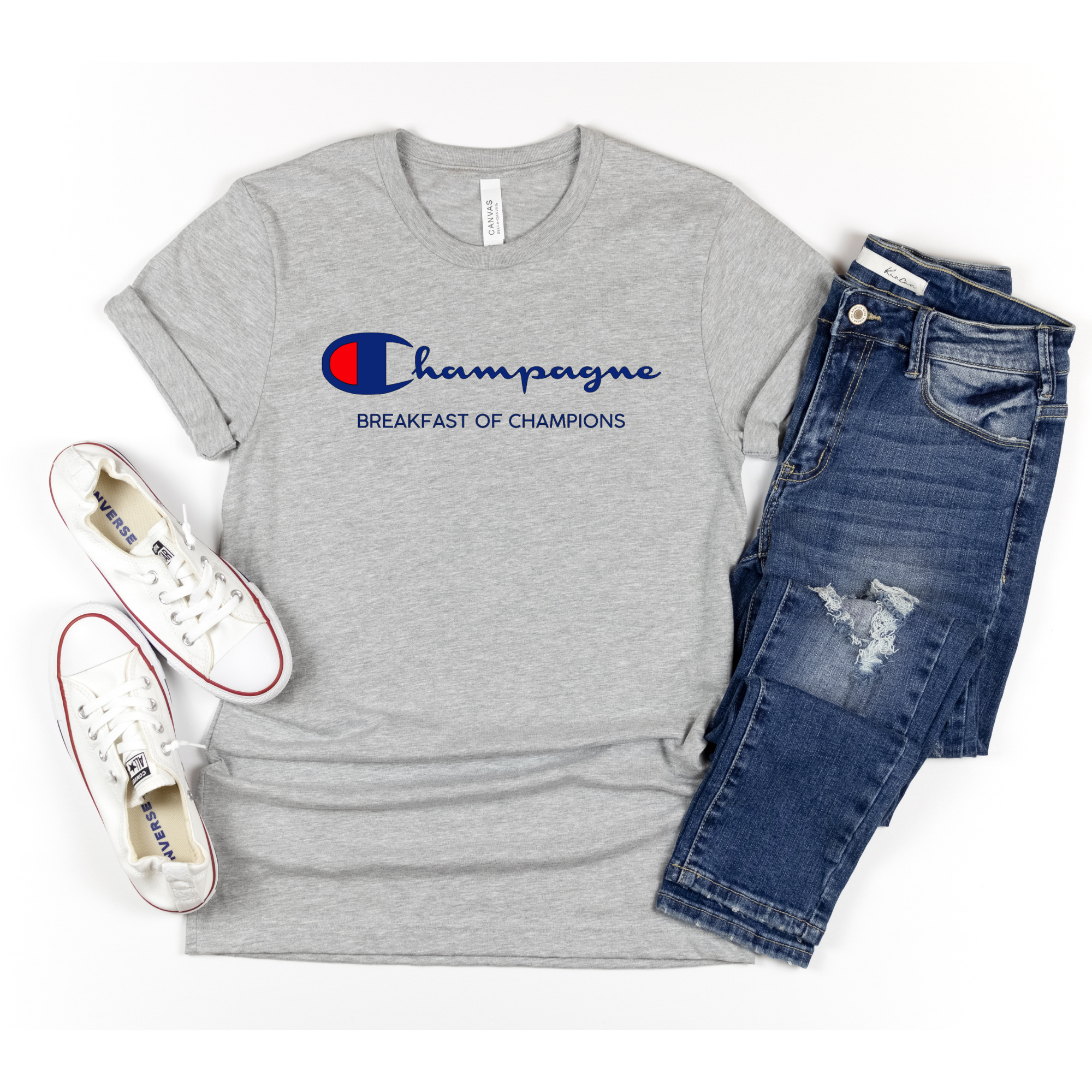 Lulu Grace Designs Champagne Breakfast of Champions Shirt: Funny Apparel for Women Ladies Crew Neck / Small