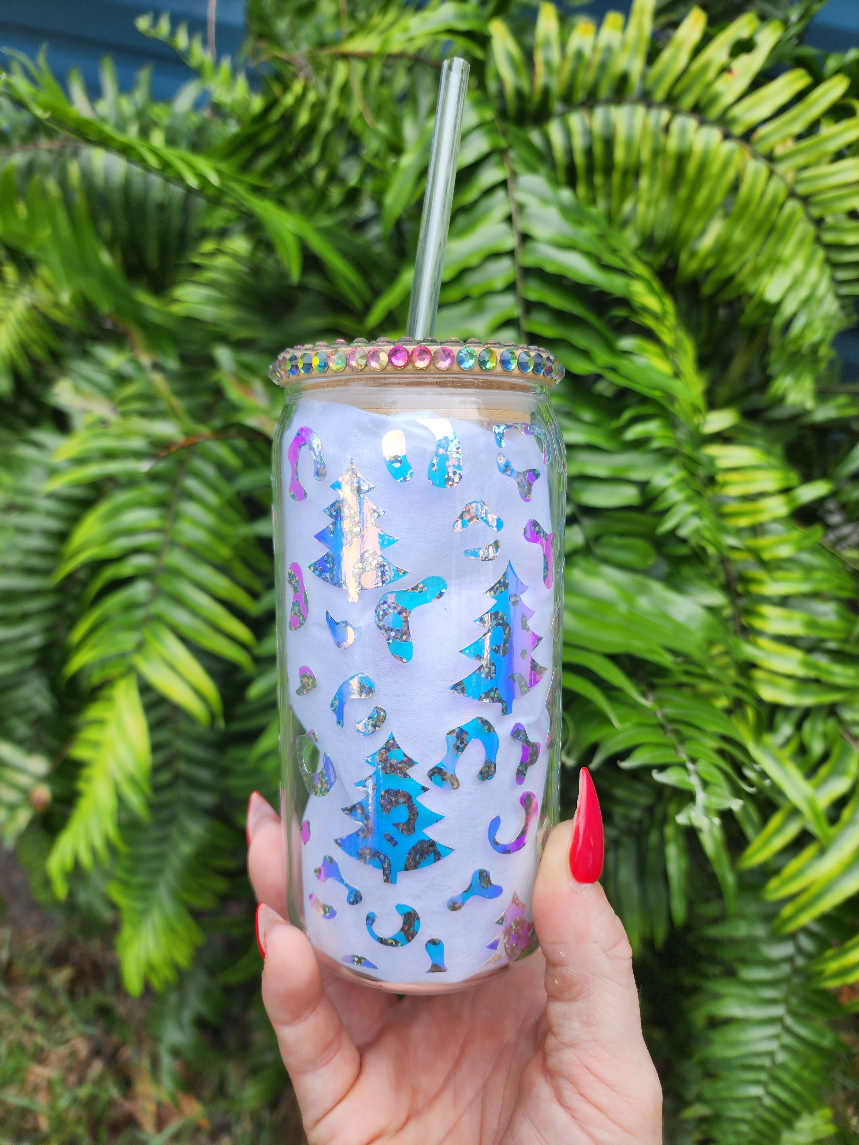Christmas Trees and Leopard Print Holographic Beer Can Tumbler