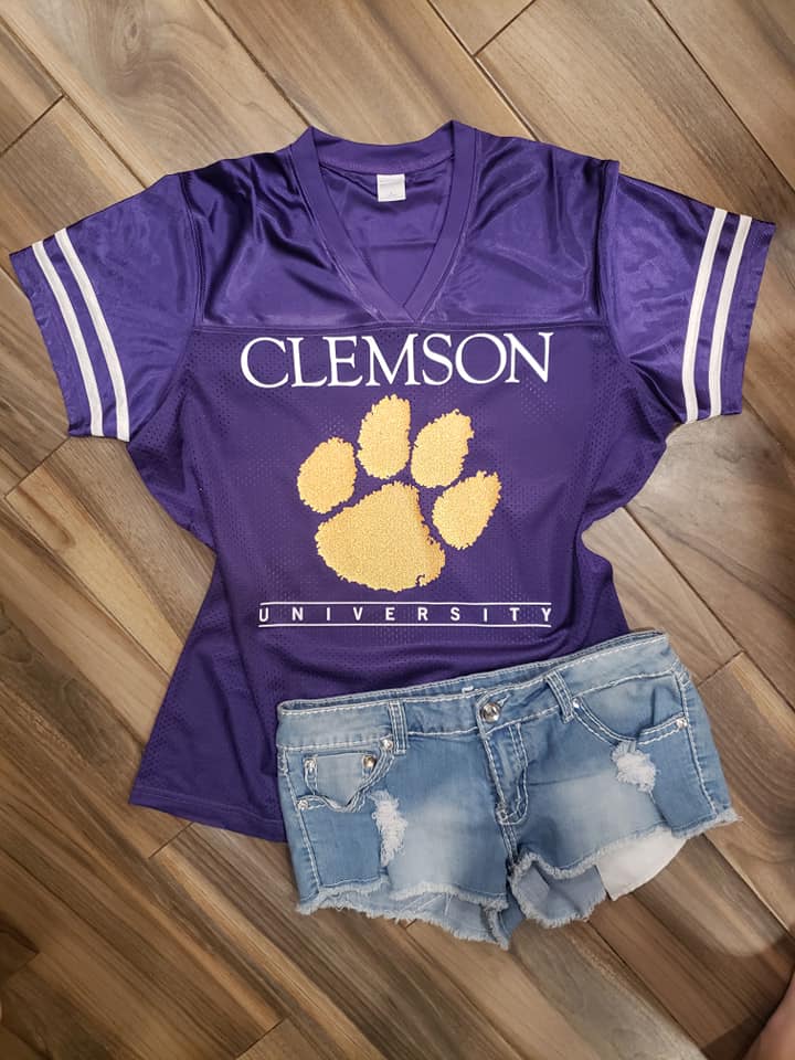 clemson gear Clemson Glitter Jersey: College Football Fan Gear & Apparel M / Ladies V-Neck Tee