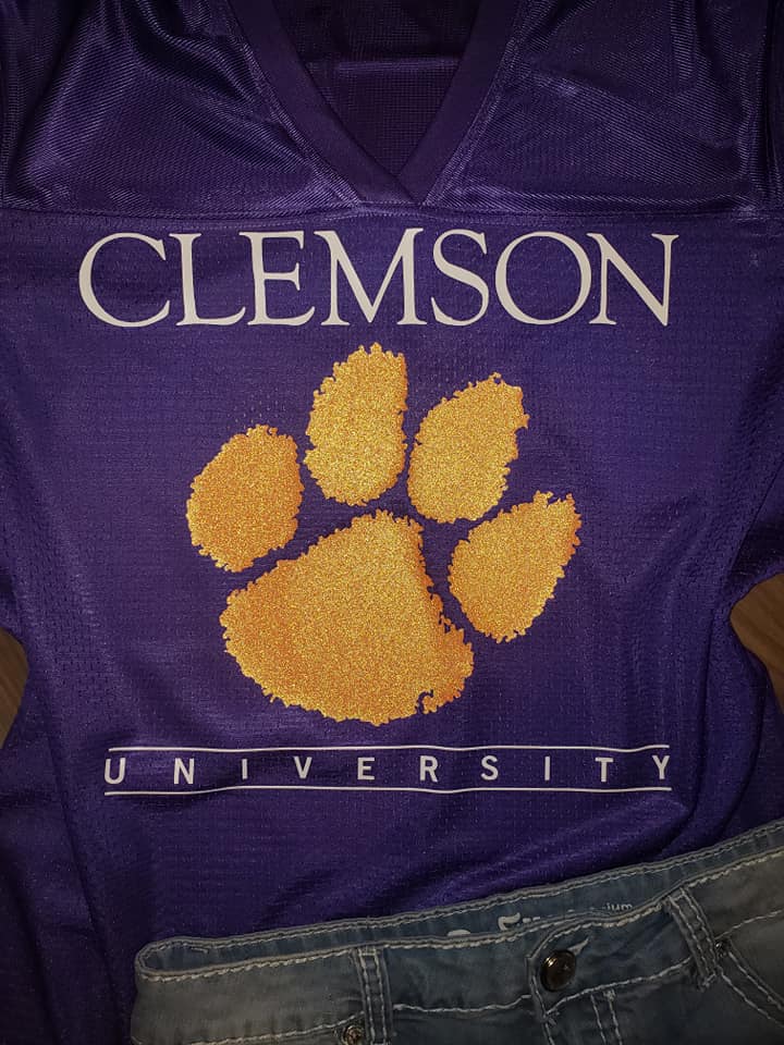 clemson gear Clemson Glitter Jersey: College Football Fan Gear & Apparel M / Ladies V-Neck Tee