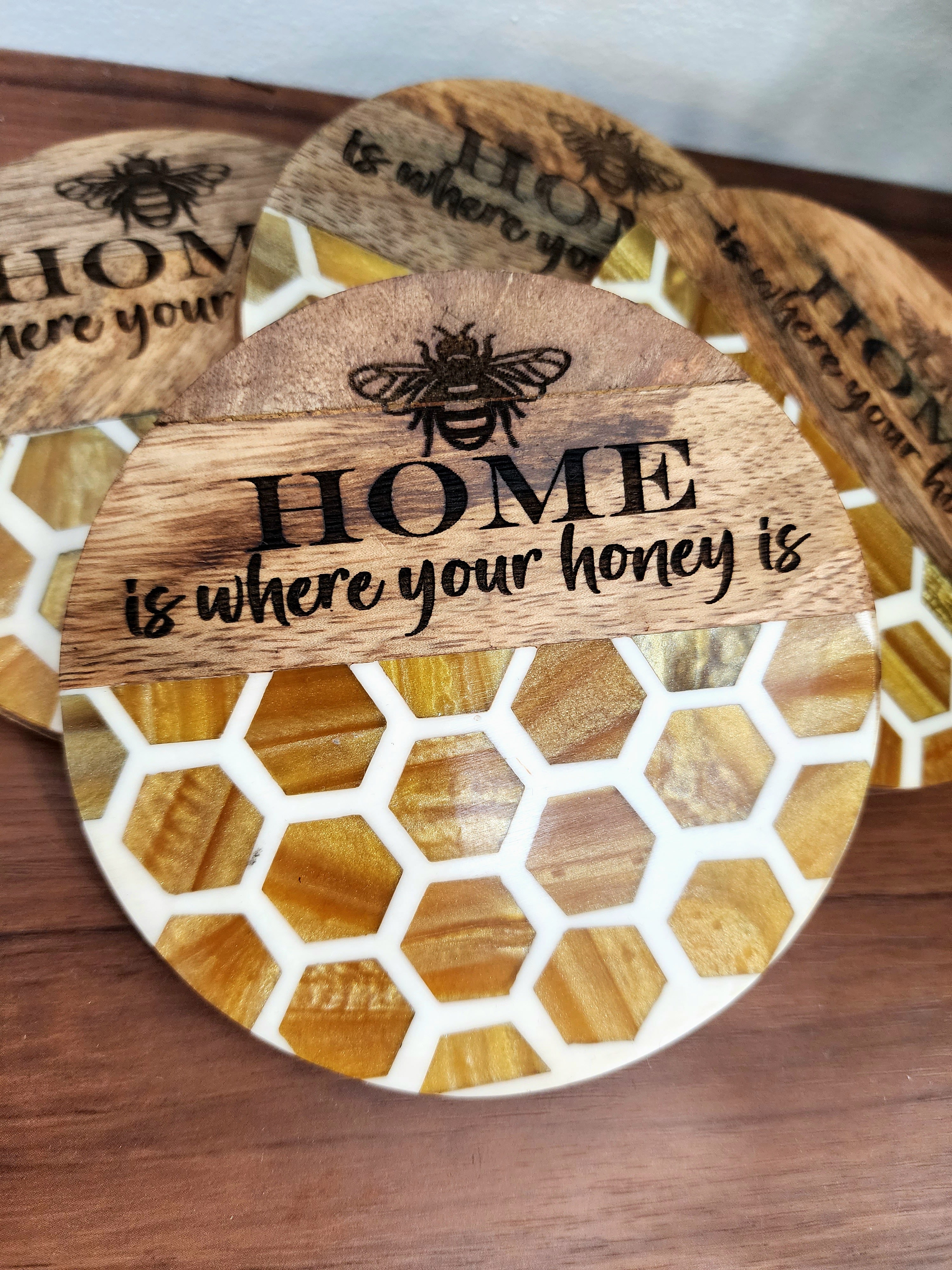 "Home Is Where Your Honey Is" Resin and Wood Coasters Set
