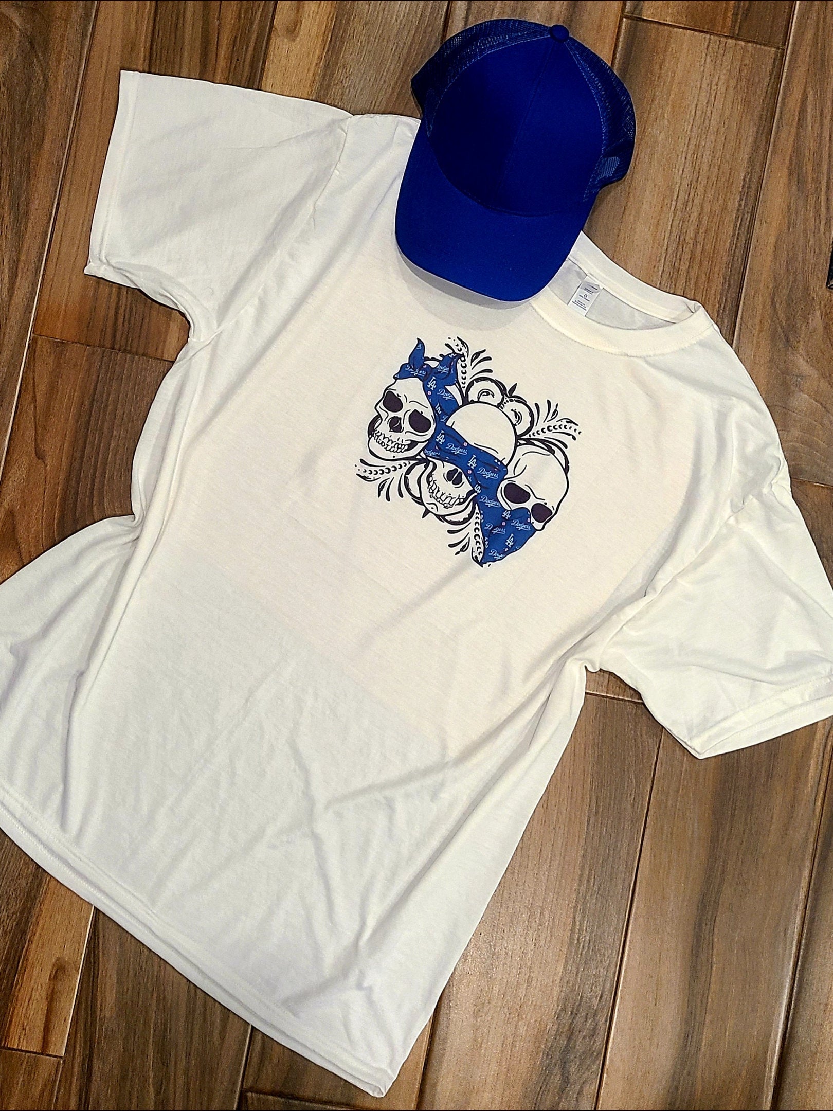 Lulu Grace Designs White Dodgers Inspired Skull Shirt: Baseball Fan Gear & Apparel for Women Youth Tee / Medium