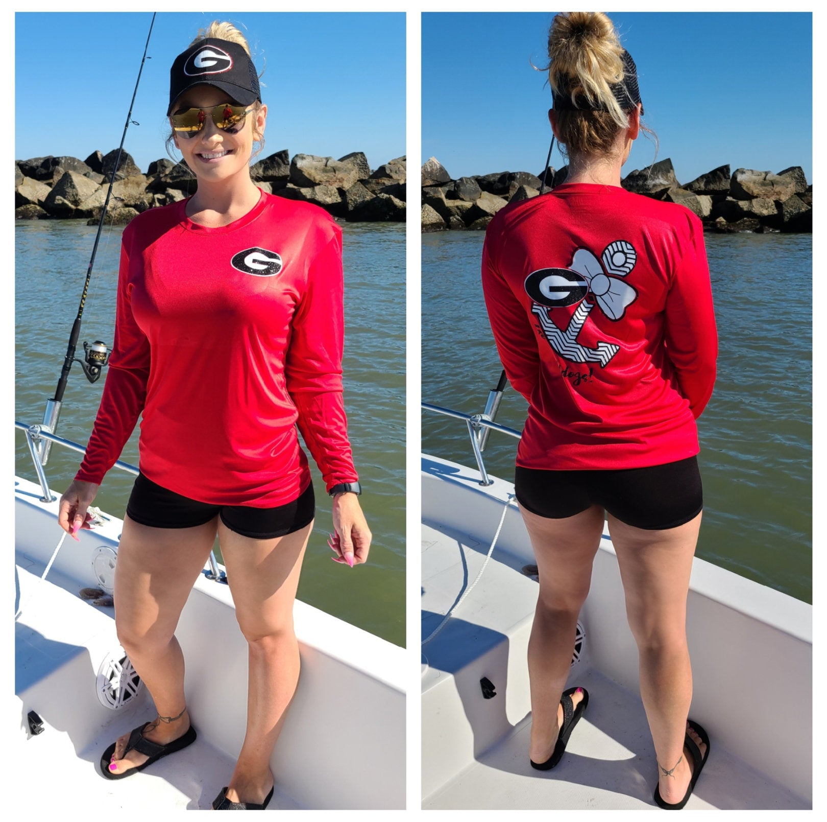 Georgia Bulldogs Glitter Fishing Shirt: Football Apparel for Women Ladies V-Neck S/S / X-Large
