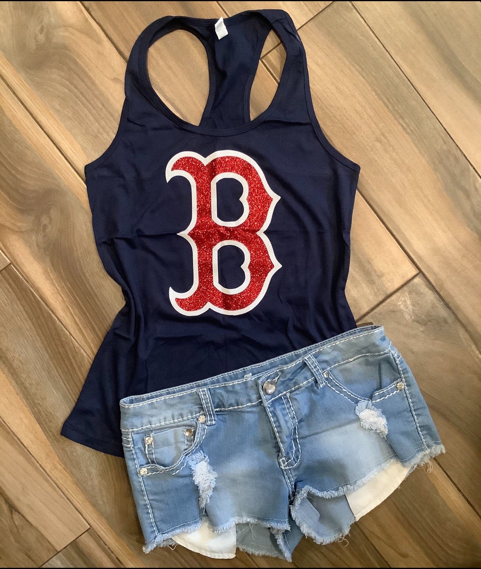 Lulu Grace Designs Boston Red Sox Inspired Glitter Shirt or Tank Top: Baseball Fan Gear & Apparel for Women Ladies Crew Neck L/S / Large