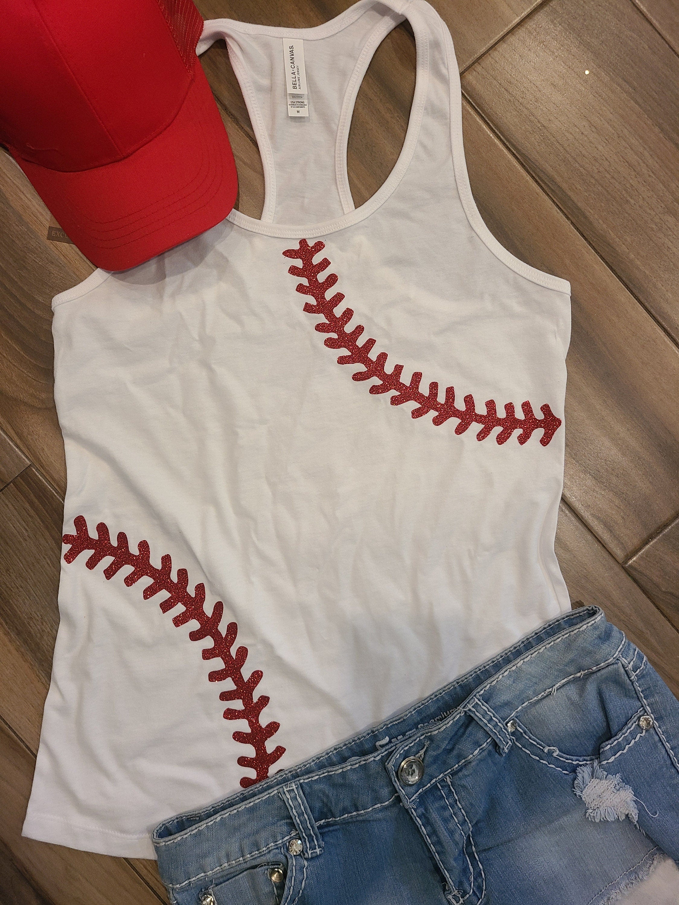 Lulu Grace Designs Boston Red Sox Inspired Glitter Shirt or Tank Top: Baseball Fan Gear & Apparel for Women Ladies Crew Neck L/S / Large
