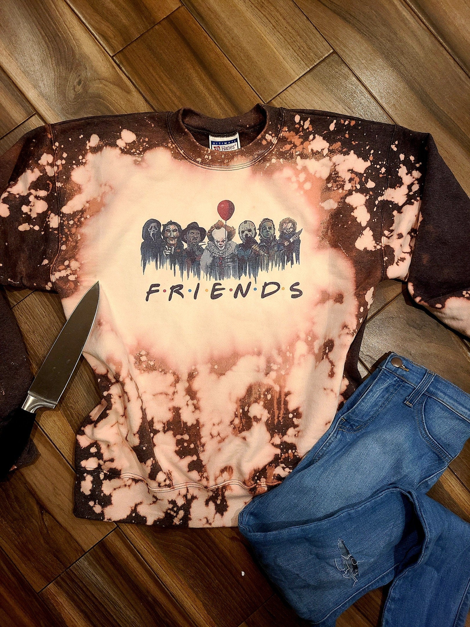 Friends Horror Movie Halloween Bleached Sweater