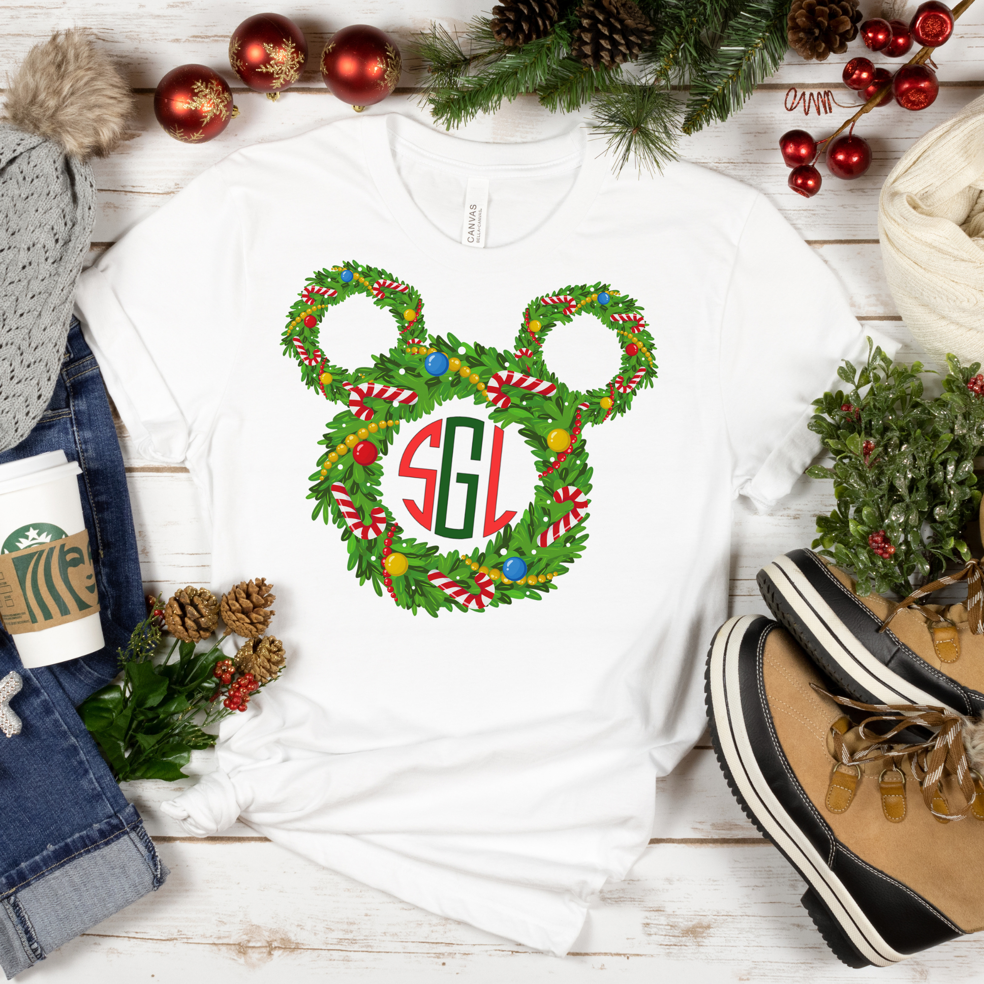 Monogrammed Mickey Christmas Wreath White Shirt