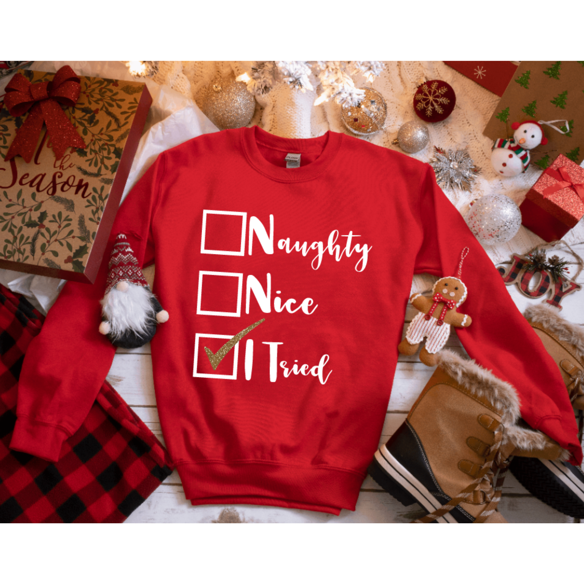 Naughty Nice I Tried Shirt / Thanksgiving Shirt / Funny Holiday Tee / Holiday Sweater / Christmas Sweater