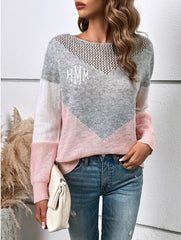 Monogrammed Pink and Grey Color Block Boat Neck Sweater
