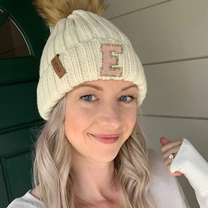 Chenille Letter Patch Beanie with Removable Faux Fur Pom
