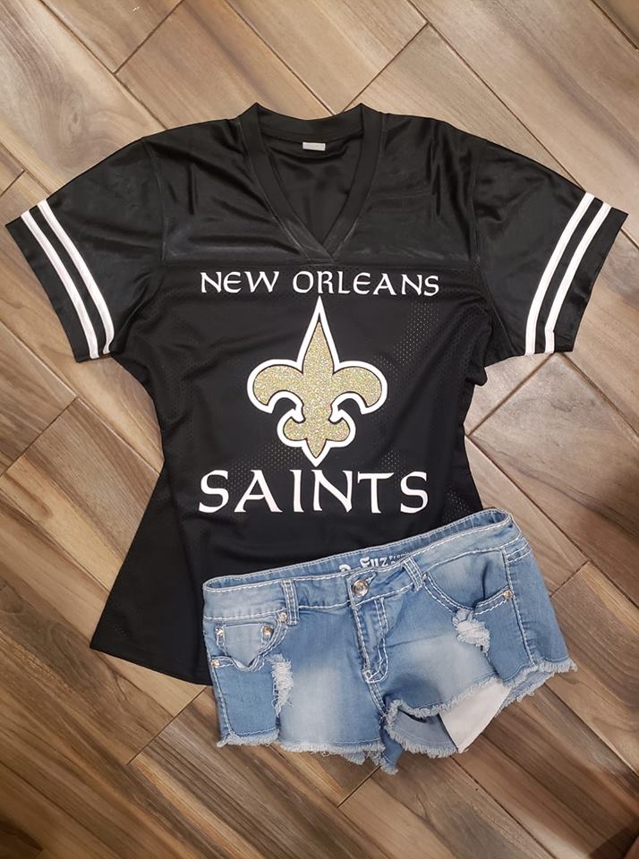 Lulu Grace Designs New Orleans Saints Glitter Jersey: NFL Football Fan Gear & Apparel S / Ladies Ribbed Tank